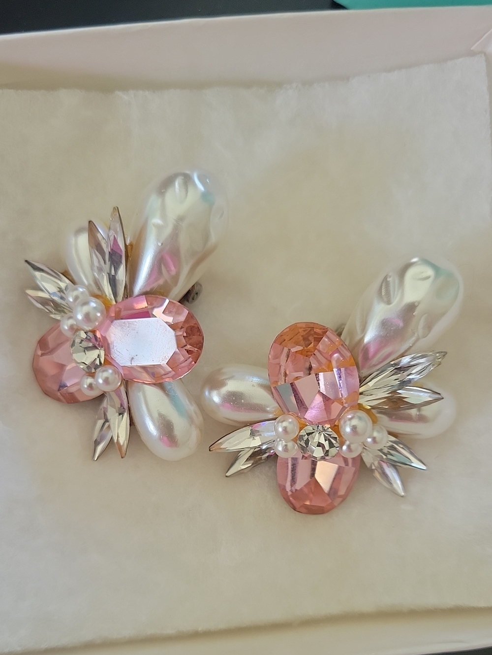 Pearl & Pink Crystal Floral Clip-On Earrings